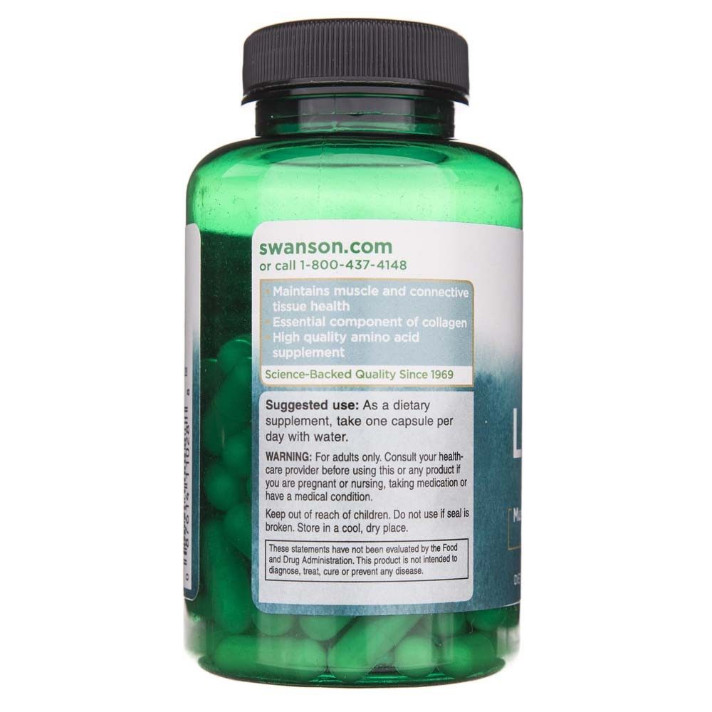 Retro di un flacone verde di capsule di L-Prolina, informazioni sul prodotto e istruzioni per l'uso.