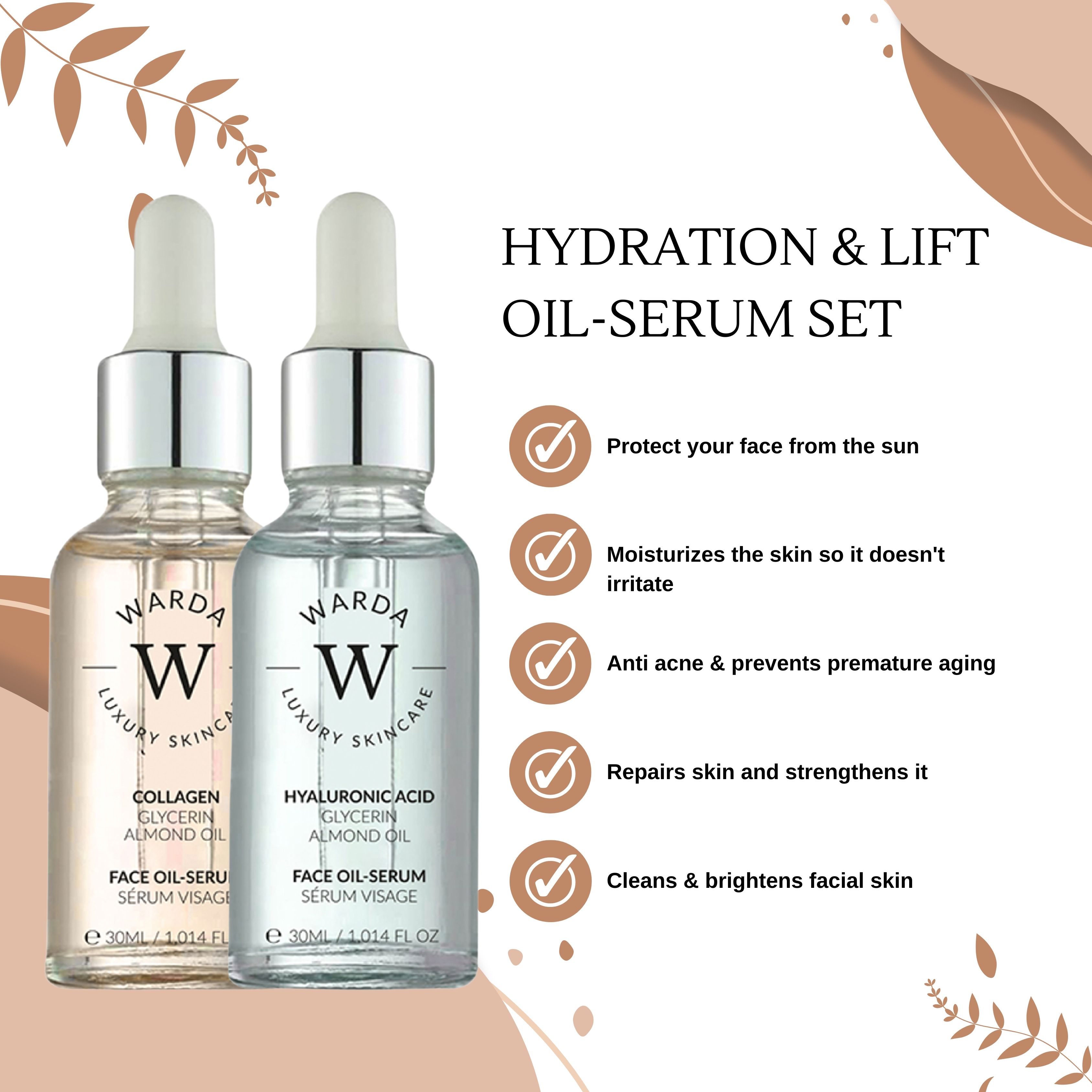 Due flaconi di siero viso Warda. Uno contiene collagene, glicerina e olio di mandorle. L'altro contiene acido ialuronico, glicerina e olio di mandorle. Testo: Hydratation & Lift Oil-Serum Set.