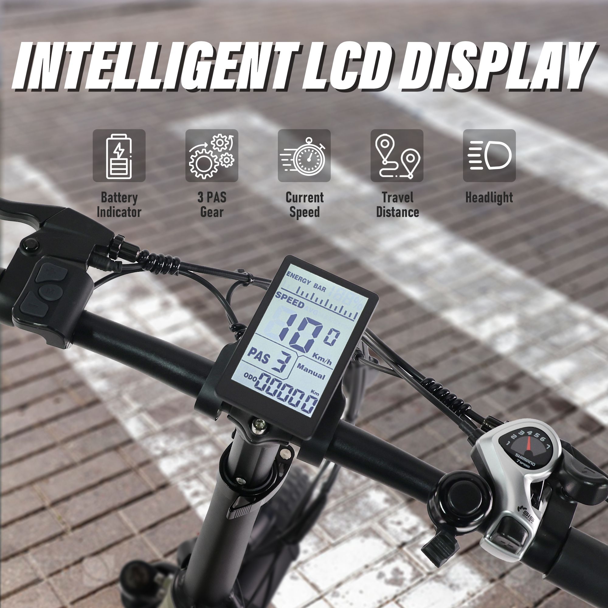 Manubrio e-bike con display LCD intelligente. Visualizzazione di velocità, modalità PAS, batteria, distanza e faro.