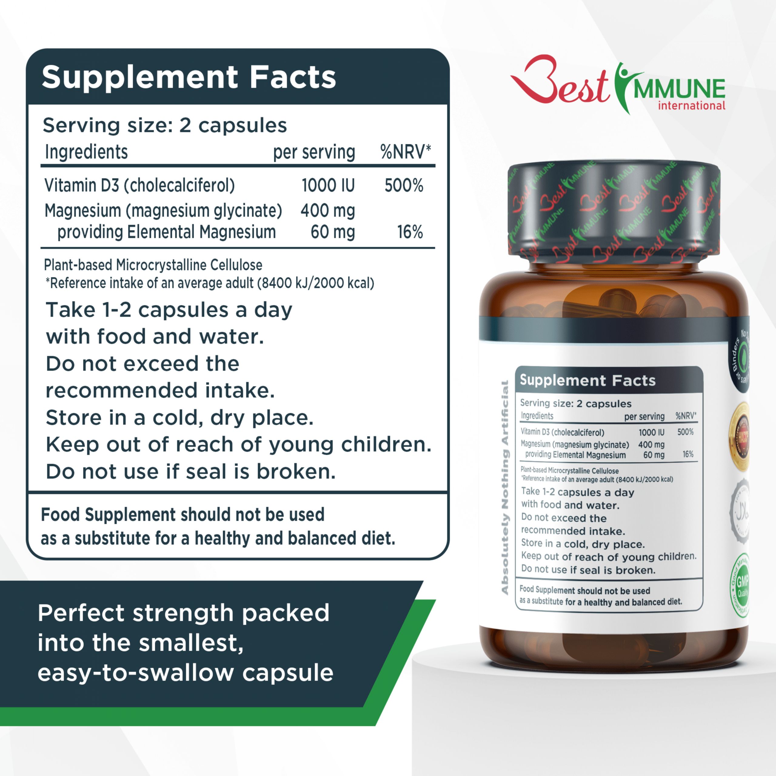 Informazioni nutrizionali su sfondo bianco. Contiene vitamina D3 e glicinato di magnesio. Dosaggio consigliato: 2 capsule al giorno.