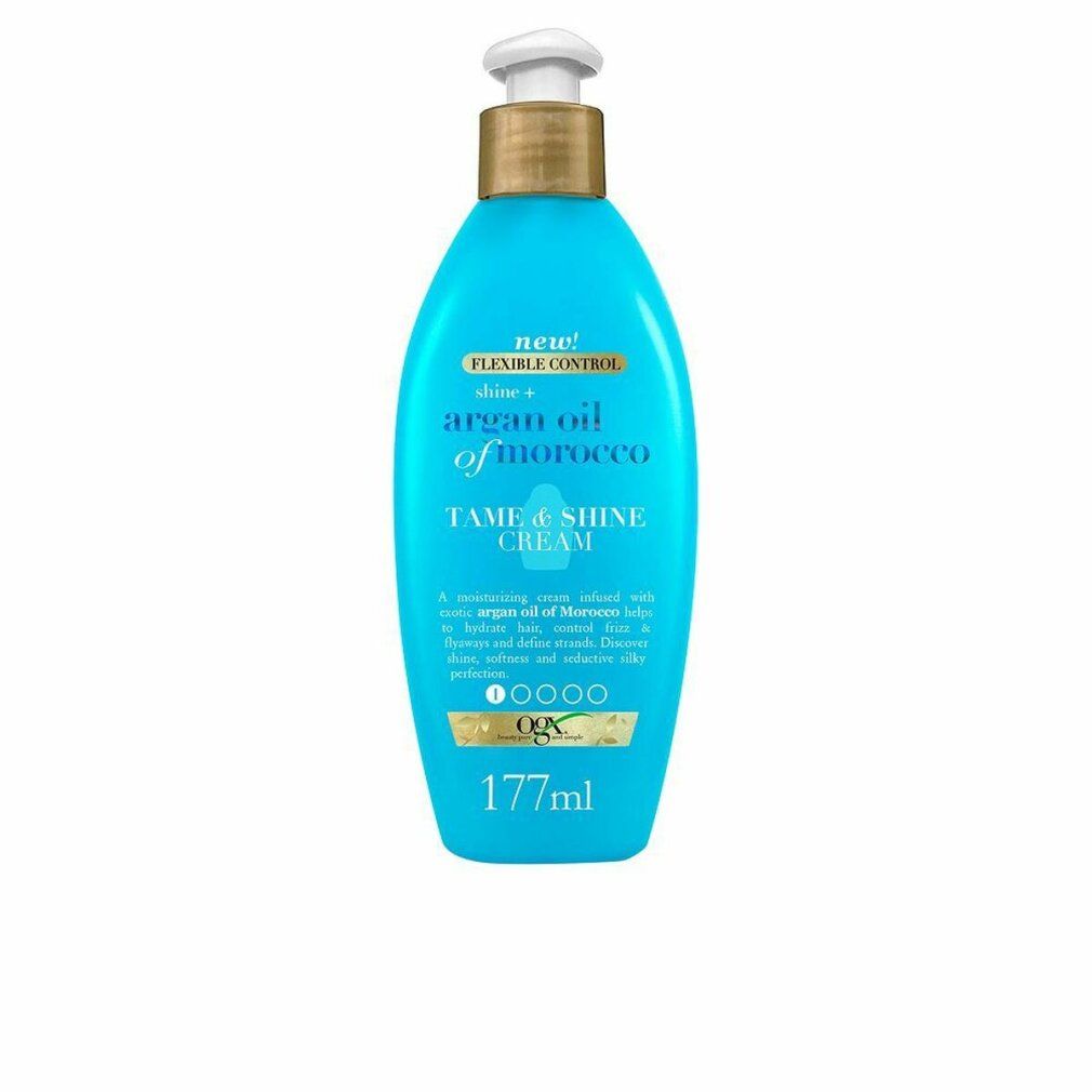 Flacone blu turchese con dosatore. Scritta: Argan Oil of Morocco Tame & Shine Cream. 177ml.