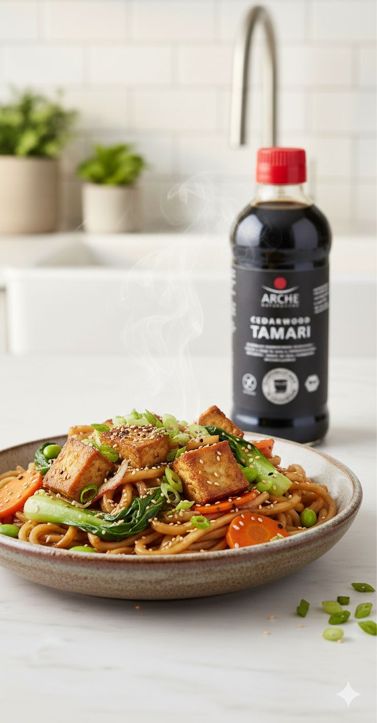 Bottiglia di Arche Bio Tamari Cedarwood accanto a una ciotola di noodles con tofu e verdure.