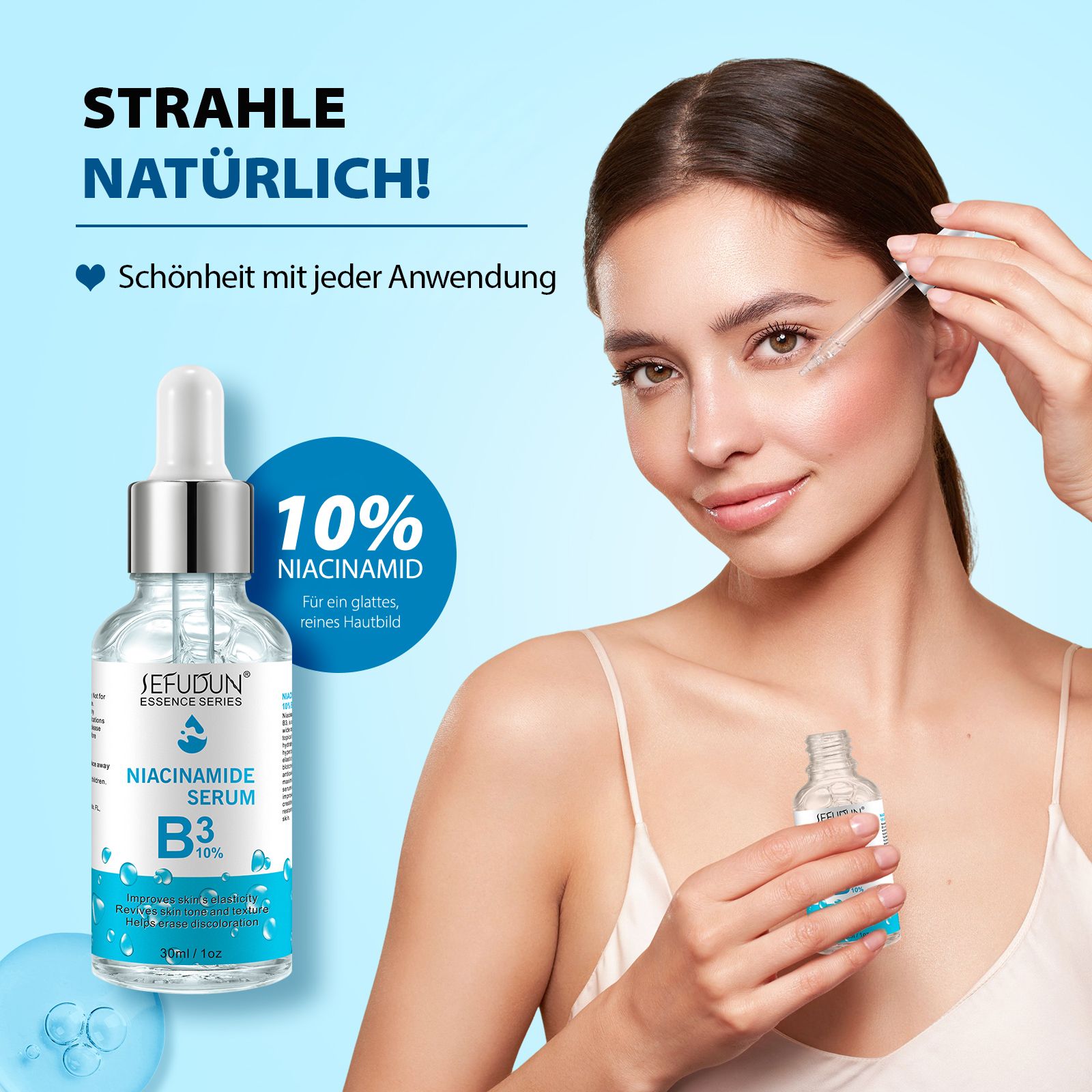 Donna con flacone di siero e pipetta. Testo: 10% Niacinamide. Per una pelle liscia e pura. Sefudun Essence Series. Naturalmente radiosa! Bellezza ad ogni applicazione.