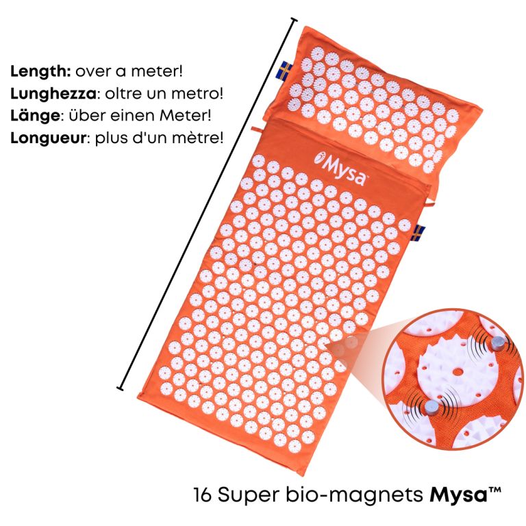 Set agopressione arancione con punte bianche. Include tappetino e cuscino. Nome: Mysa. Con 16 bio-magneti.