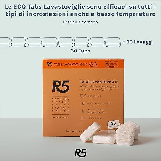R5 Eco Tabs Lavastoviglie 30 Pastiglie, Tensioattivi Vegetali, Ecolabel, Made in Italy