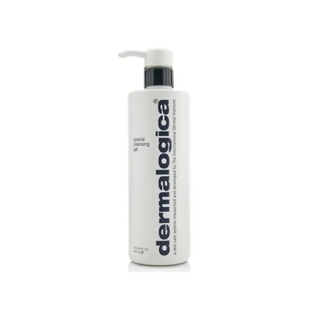 Flacone bianco con dosatore. Scritta nera: Dermalogica, Special Cleansing Gel. Tappo grigio. Vista verticale.