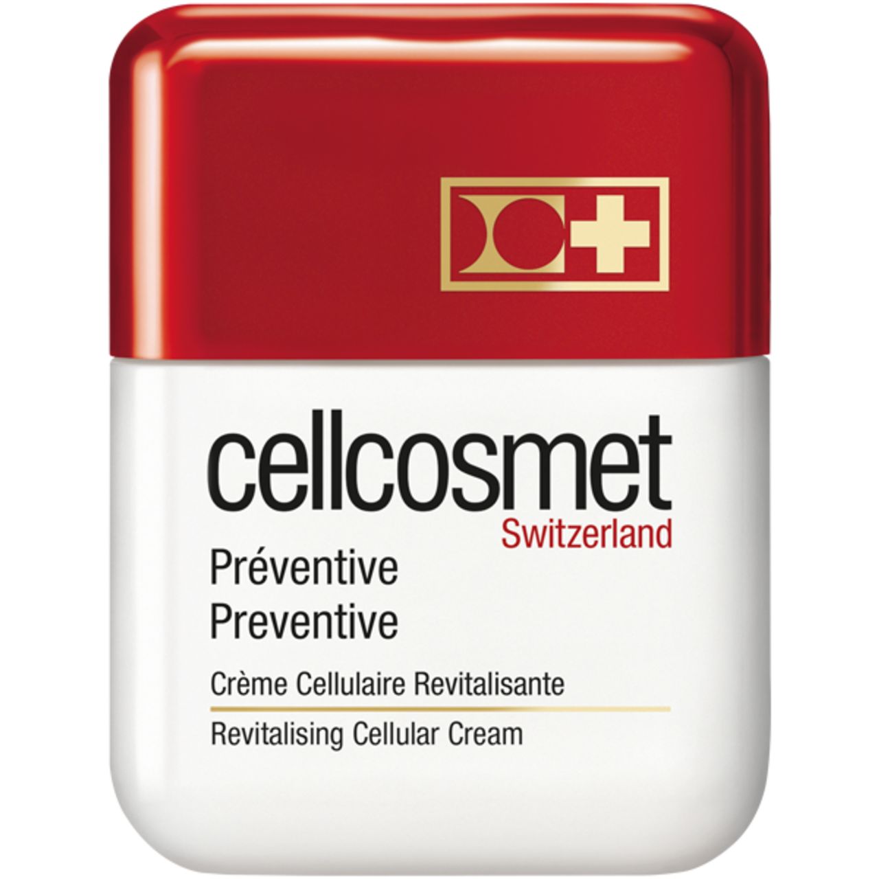 Vasetto bianco con coperchio rosso. Scritta: cellcosmet, Preventive, Crème Cellulaire Revitalisante, Revitalising Cellular Cream.