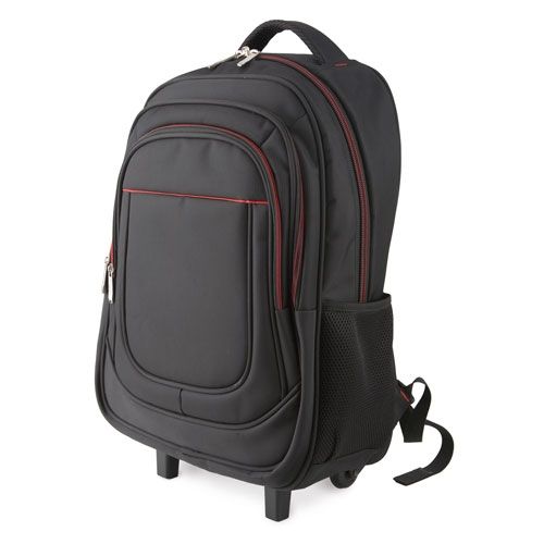Zaino trolley nero con dettagli rossi. Manico estensibile. Tasca laterale. Tasche con zip.