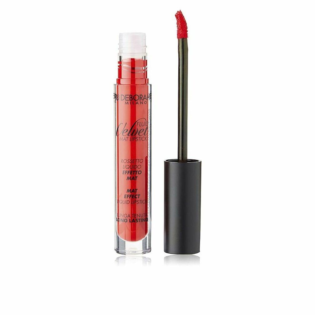 Rossetto liquido rosso con applicatore. Tappo nero, contenitore trasparente. Marchio: Deborah Milano.