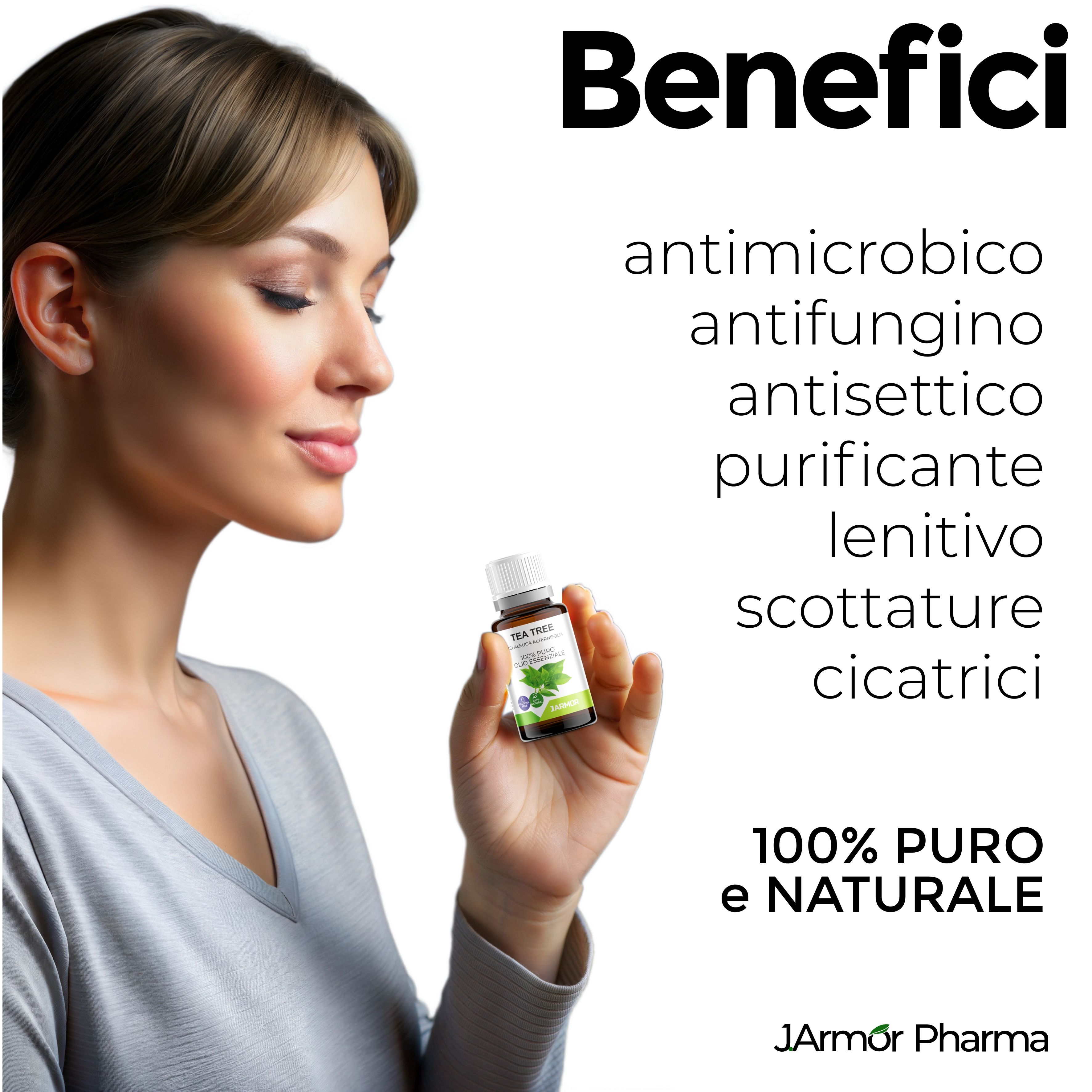Donna che tiene una piccola bottiglia. Testo: Benefici, antimicrobico, antifungino, antisettico, purificante, lenitivo, cicatrici.