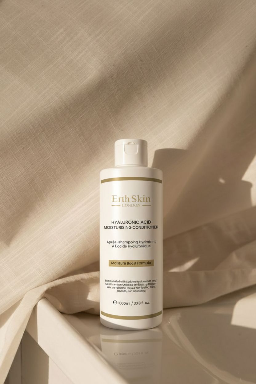 Flacone bianco ErthSkin London Hyaluronic Acid Moisturising Conditioner, 1000ml.