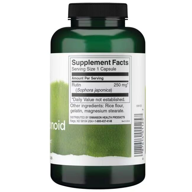 Retro del flacone verde. Etichetta bianca con informazioni nutrizionali. Contiene rutina (250 mg) e altri ingredienti.