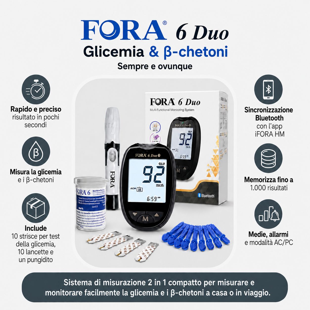 Misuratore FORA 6 Duo per glicemia e chetoni, accessori inclusi.