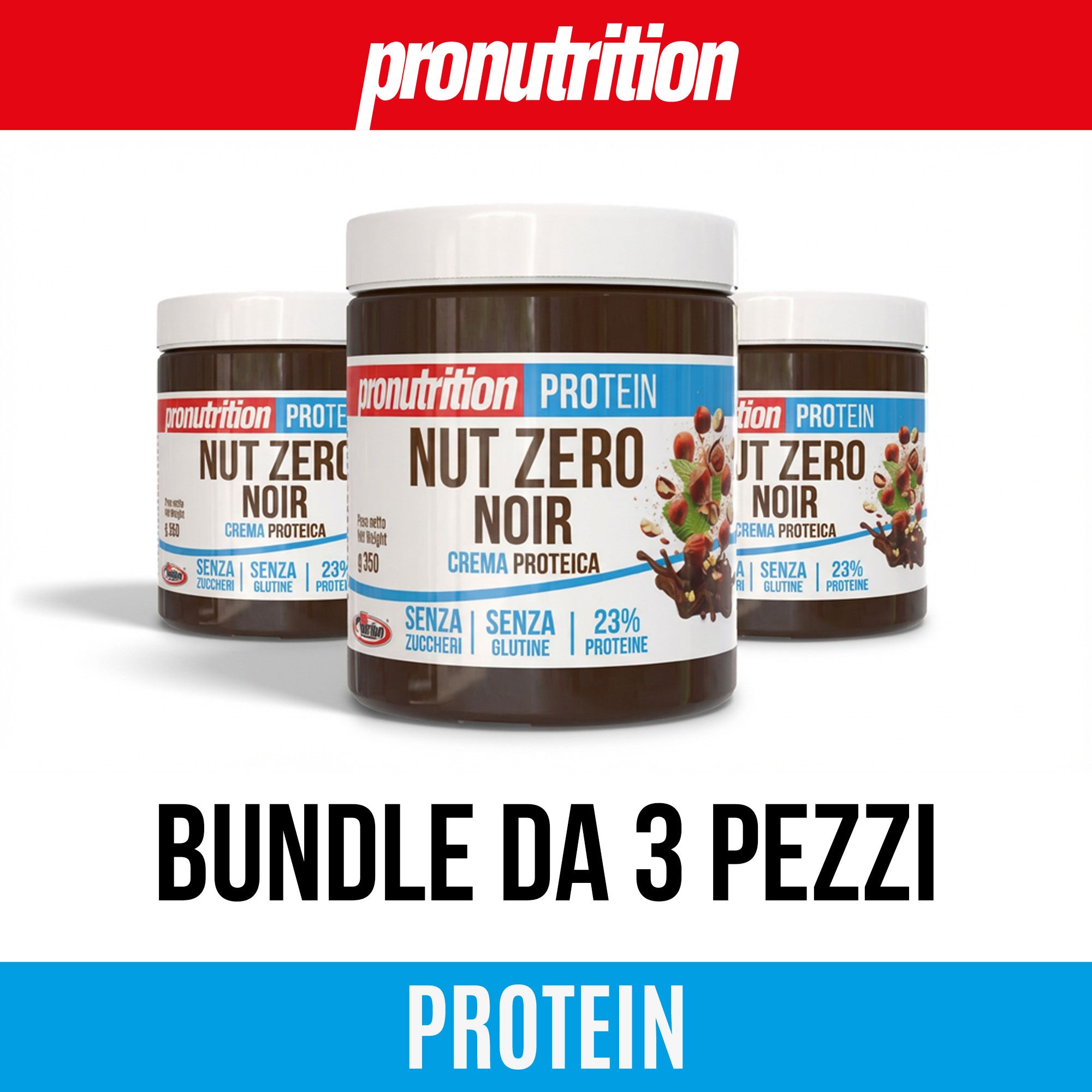 Tre barattoli Pronutrition Protein Nut Zero Noir. Scritta: Senza Zucchero, 23% Proteine. Bundle da 3 pezzi.