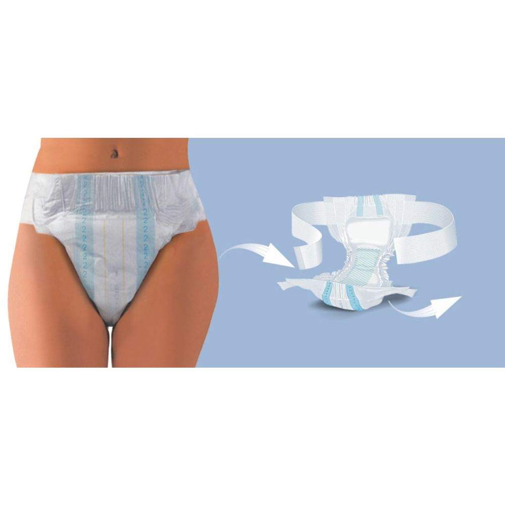 Prodotto per incontinenza indossato da una persona. Prodotto con strisce blu e chiusure laterali. Frecce che indicano l'applicazione.