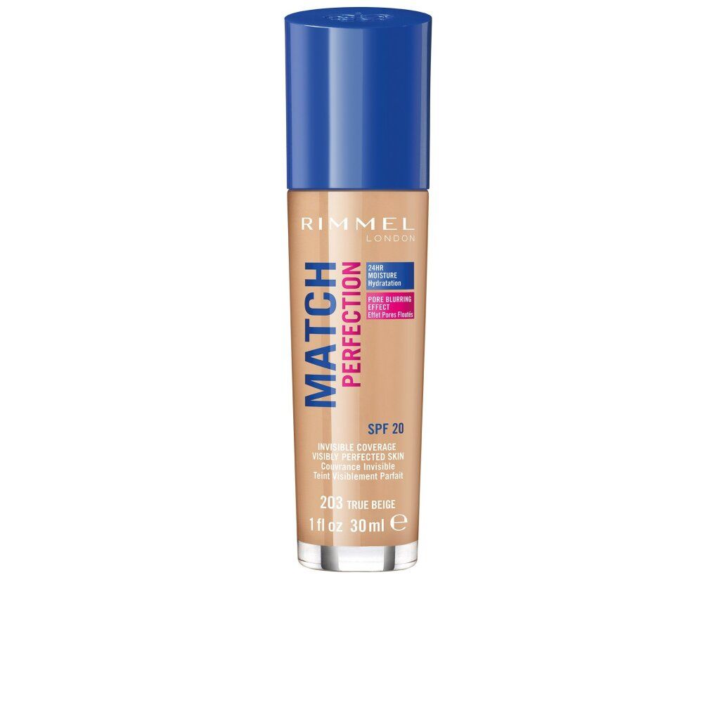 Flacone di fondotinta Rimmel Match Perfection tonalità 203 True Beige, 30ml, con tappo blu e SPF 20.