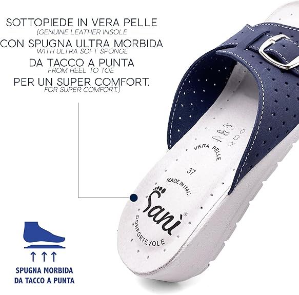 Primo piano della soletta di un sandalo blu. Vera pelle. Marchio Sani. Testo: Vera Pelle, Made in Italy, 37.