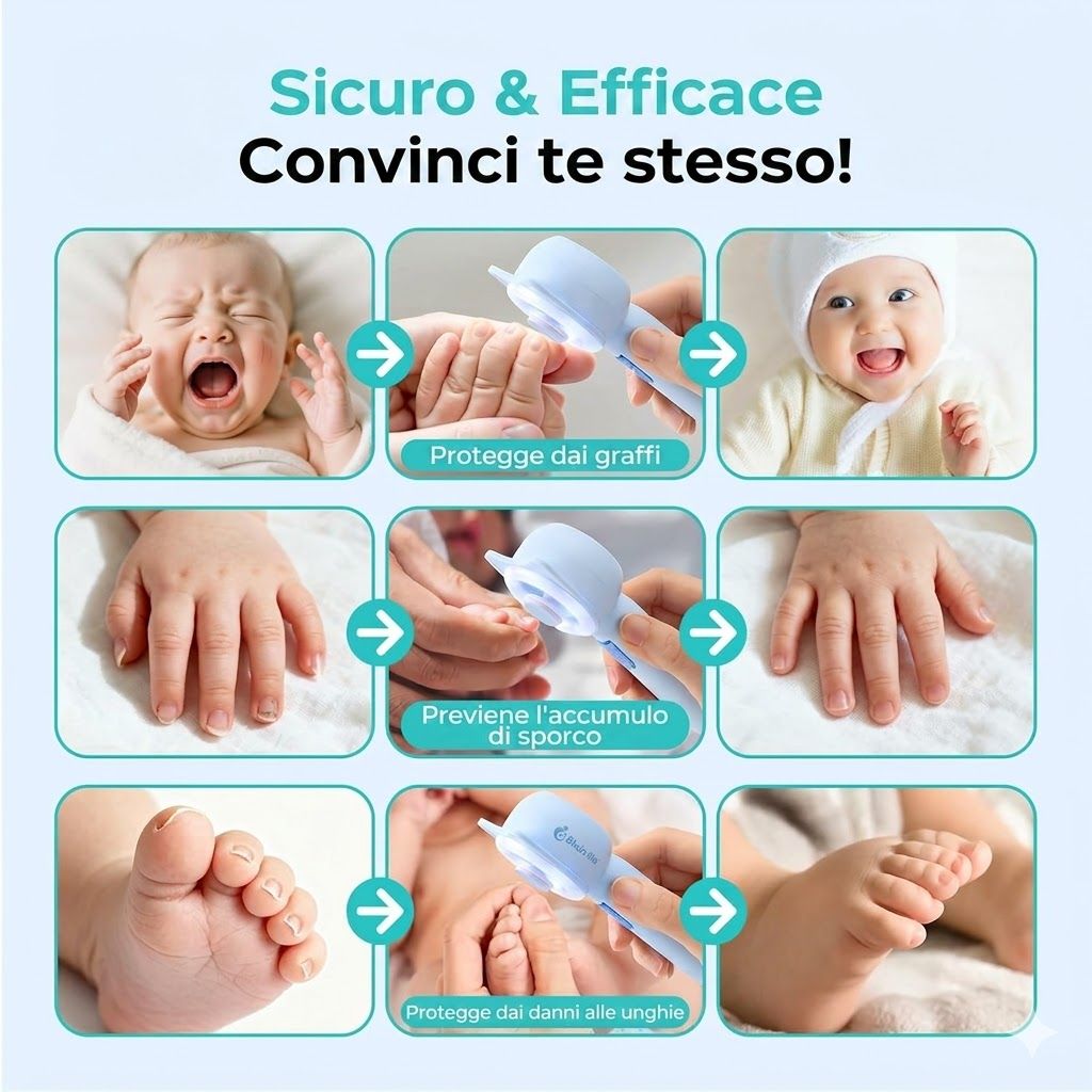Set per la cura delle unghie blu in uso. Protezione da graffi, sporco e lesioni. Testo: Protegge da graffi, sporco, lesioni.