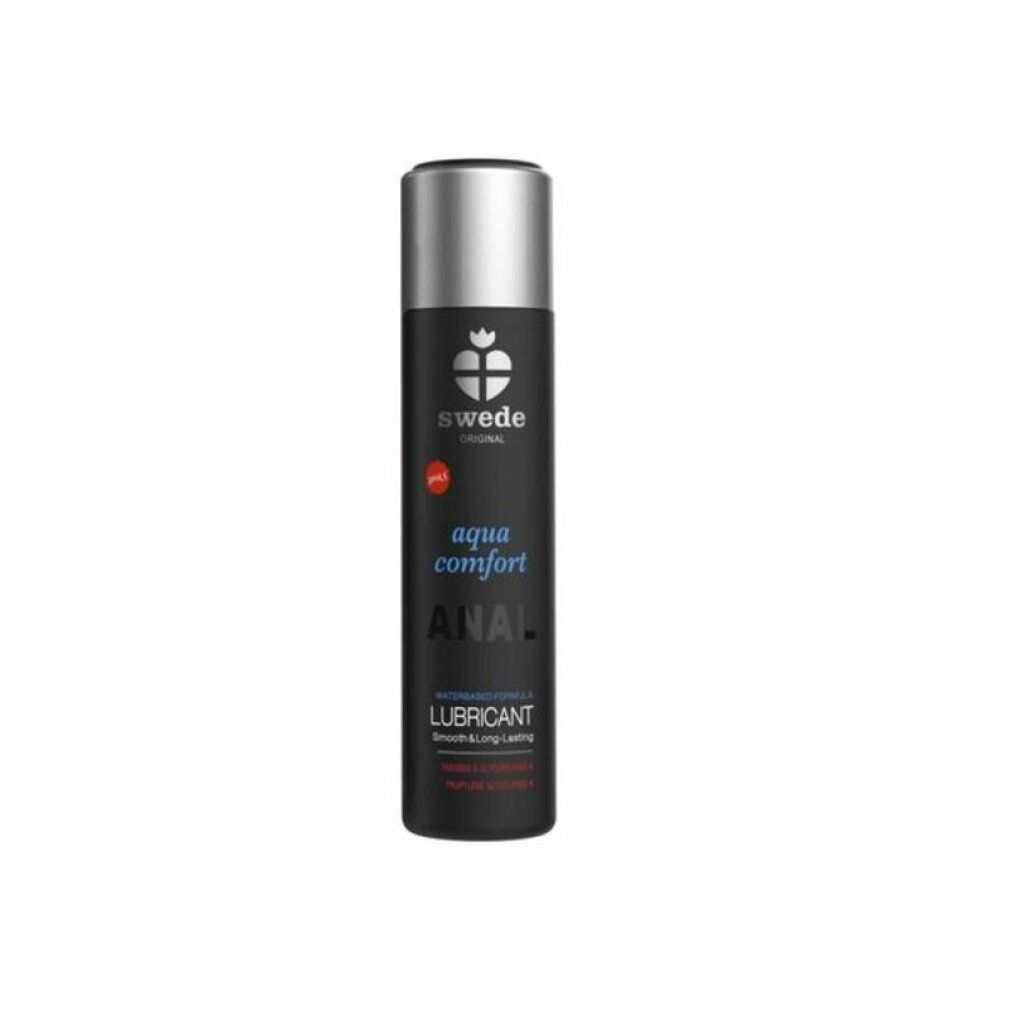 Flacone cilindrico nero con tappo argentato. Scritta bianca: "aqua comfort ANAL LUBRICANT". Marchio Swede.