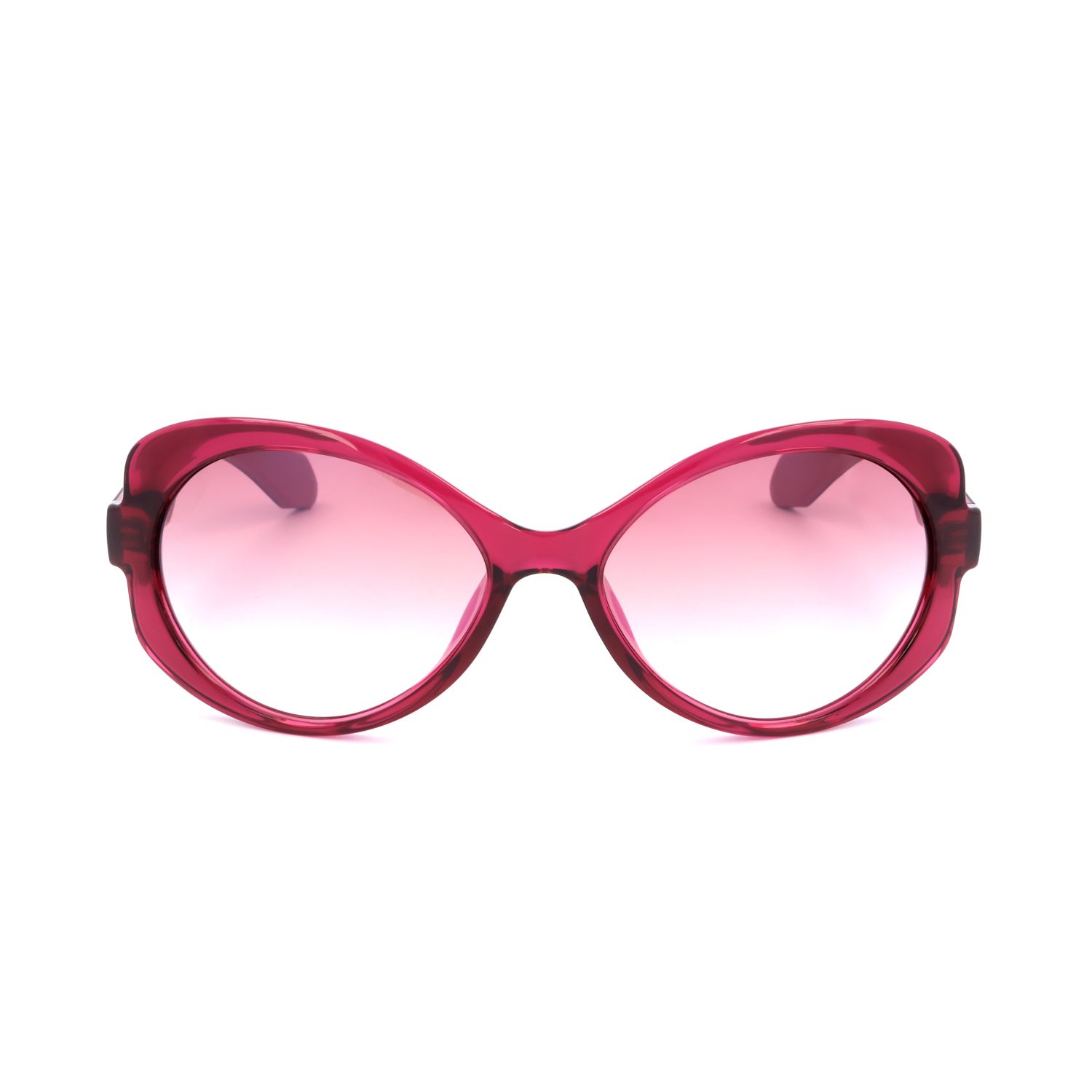 Occhiali da sole da donna con montatura rossa larga e lenti sfumate rosa.