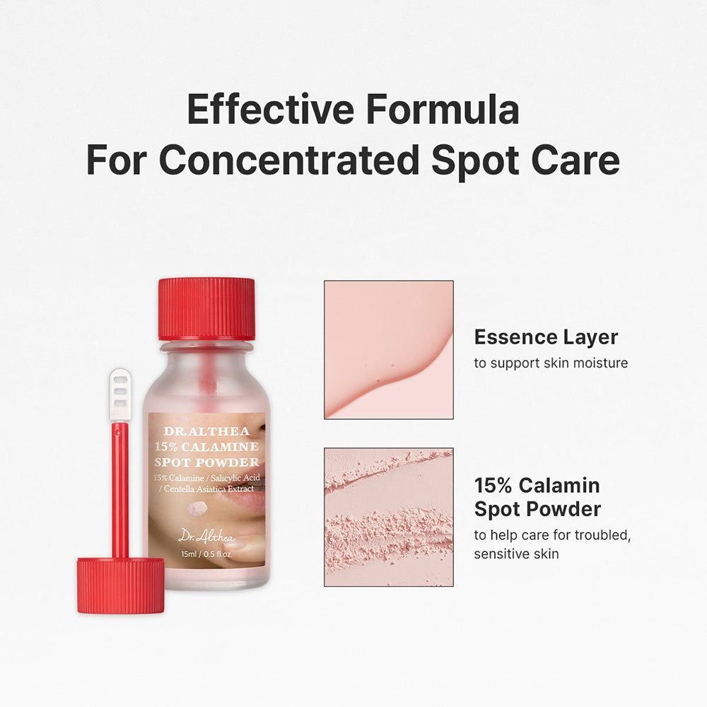 Flacone Dr. Althea 15% Calamine Spot Powder, applicatore e testo.