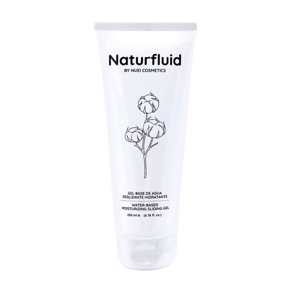 Tubo bianco di gel lubrificante Naturfluid, motivo cotone e testo.