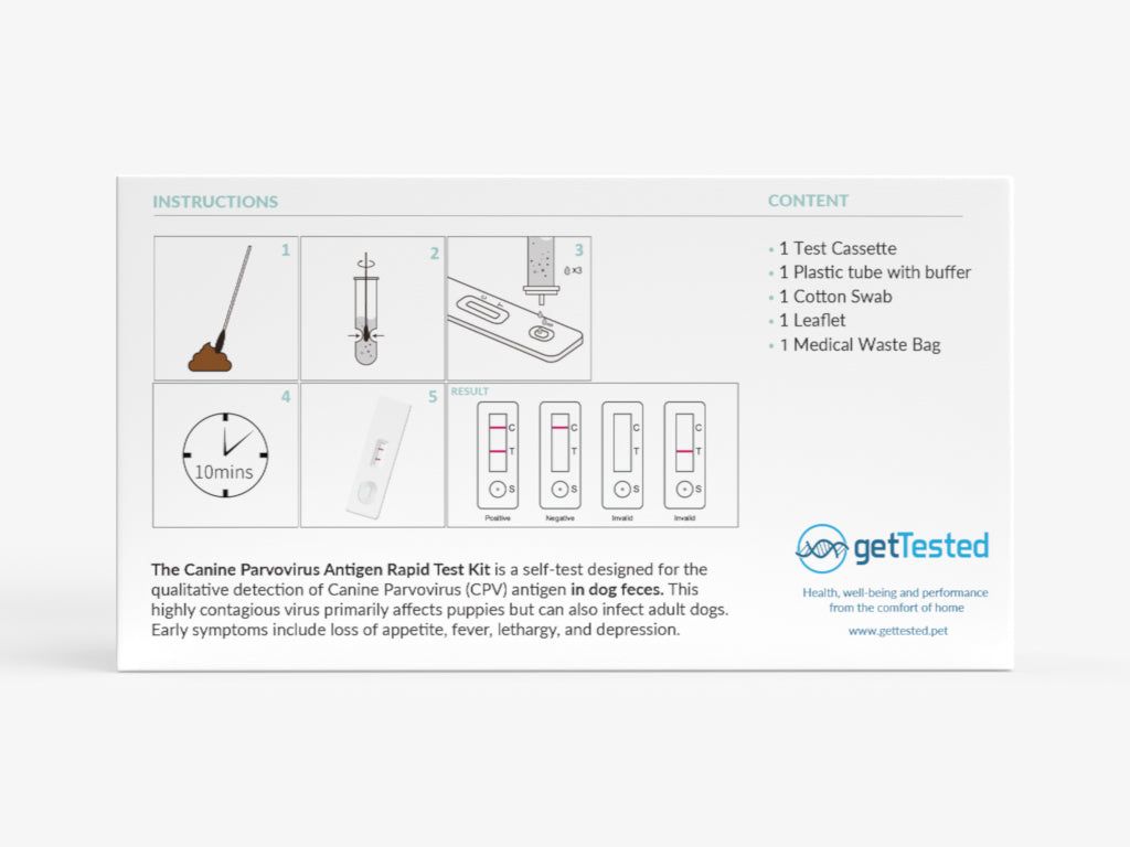 Confezione con istruzioni e contenuto. Include cassetta di test, provetta, tampone, foglietto illustrativo e sacco per rifiuti medici.