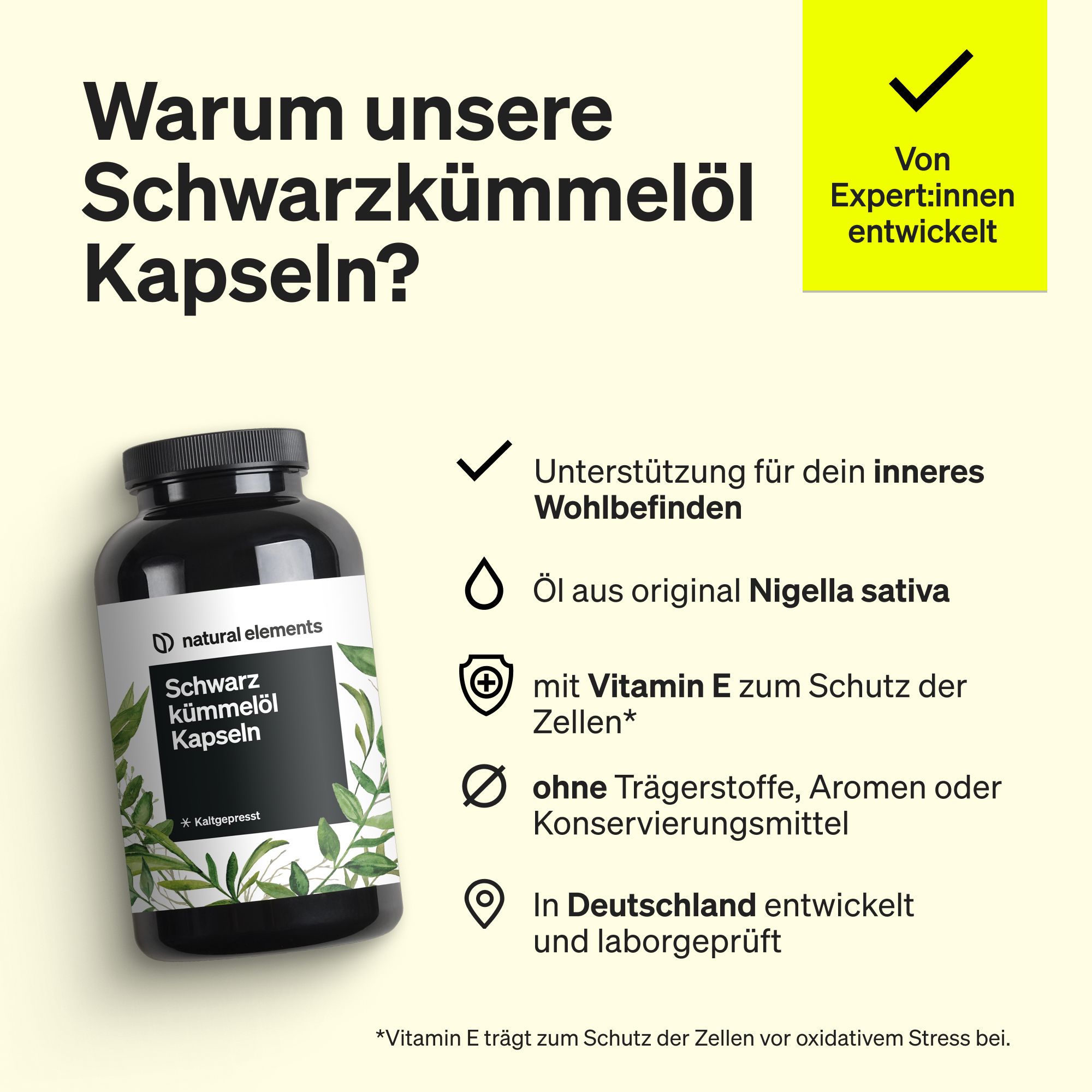 Sfondo nero con testo giallo. Scritta: Perché le nostre capsule di olio di cumino nero? Supporto per il tuo benessere.