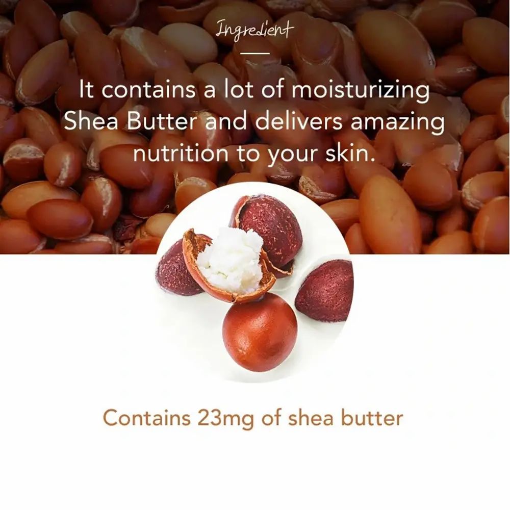 Testo con 'It contains a lot of moisturizing Shea Butter and delivers amazing nutrition to your skin.' e 'Contains 23mg of shea butter'.