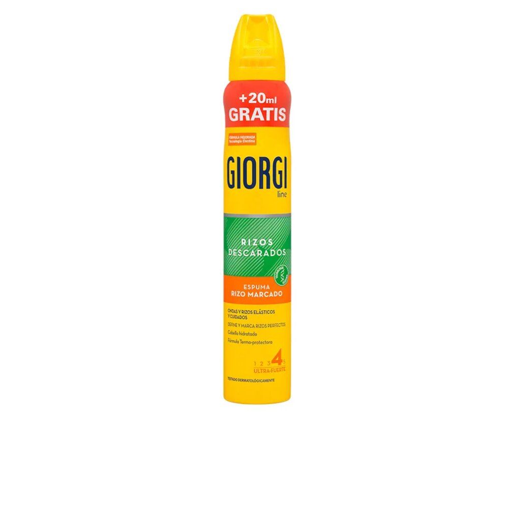 Flacone spray giallo con scritte rosse e verdi. Testo: Giorgi, Rizos Descarados, Espuma Rizo Marcado. +20ml Gratis.