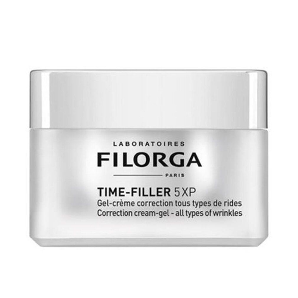 Vasetto di crema-gel con coperchio. Scritta: FILORGA, TIME-FILLER 5XP, Gel-crème correction tous types de rides.