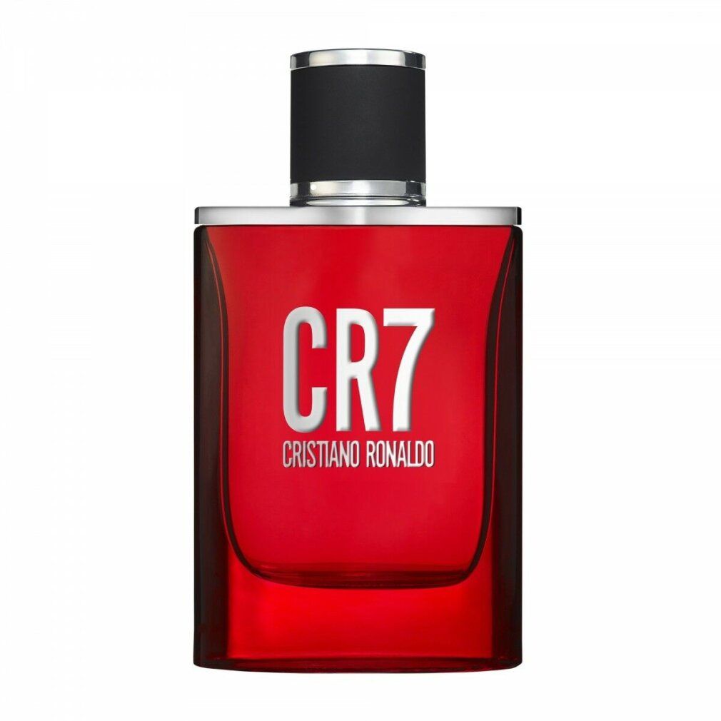 Spray CR7 Eau de Toilette rosso. Tappo nero, dettagli argento. Forma quadrata con angoli arrotondati.