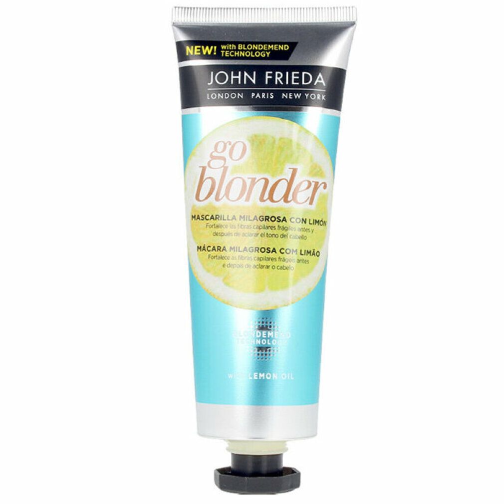 Tubo John Frieda Go Blonder. Design turchese e bianco con limone. Testo: Mascarilla Milagrosa con Limón.