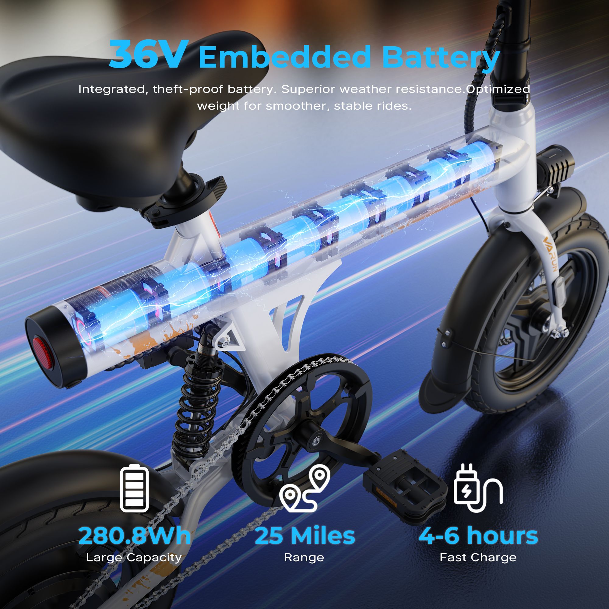 E-bike con batteria integrata da 36V. Testo: 280.8Wh, 25 Miles, 4-6 hours. Batteria visibile. Elementi neri e bianchi.