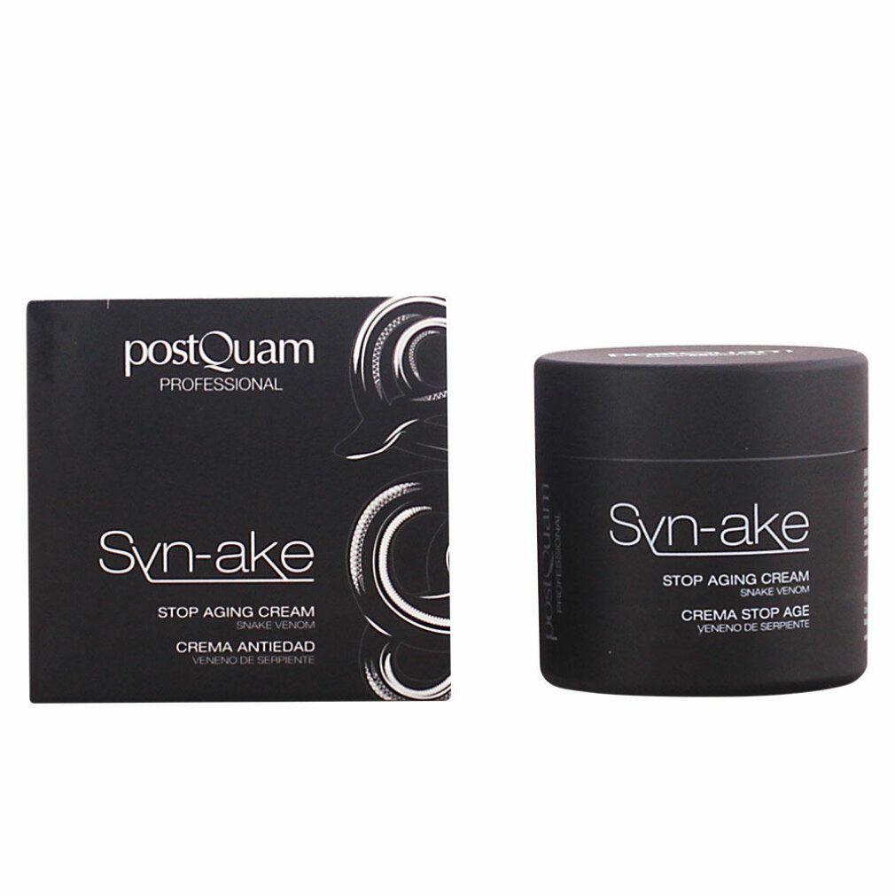 Barattolo e scatola neri. Scritta: Syn-ake, Stop Aging Cream. Marchio: postQuam.