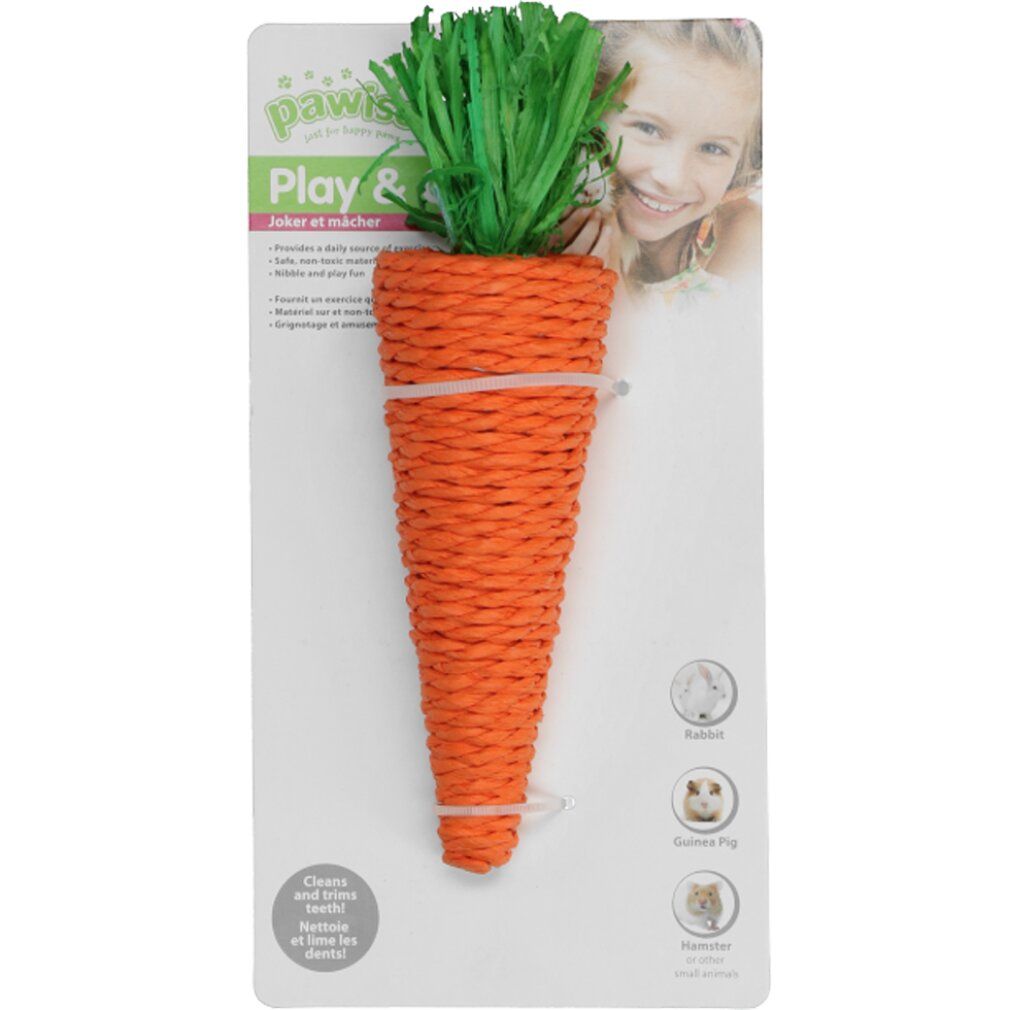 Giocattolo masticabile a forma di carota, in materiale intrecciato, con parte superiore verde. Su blister.