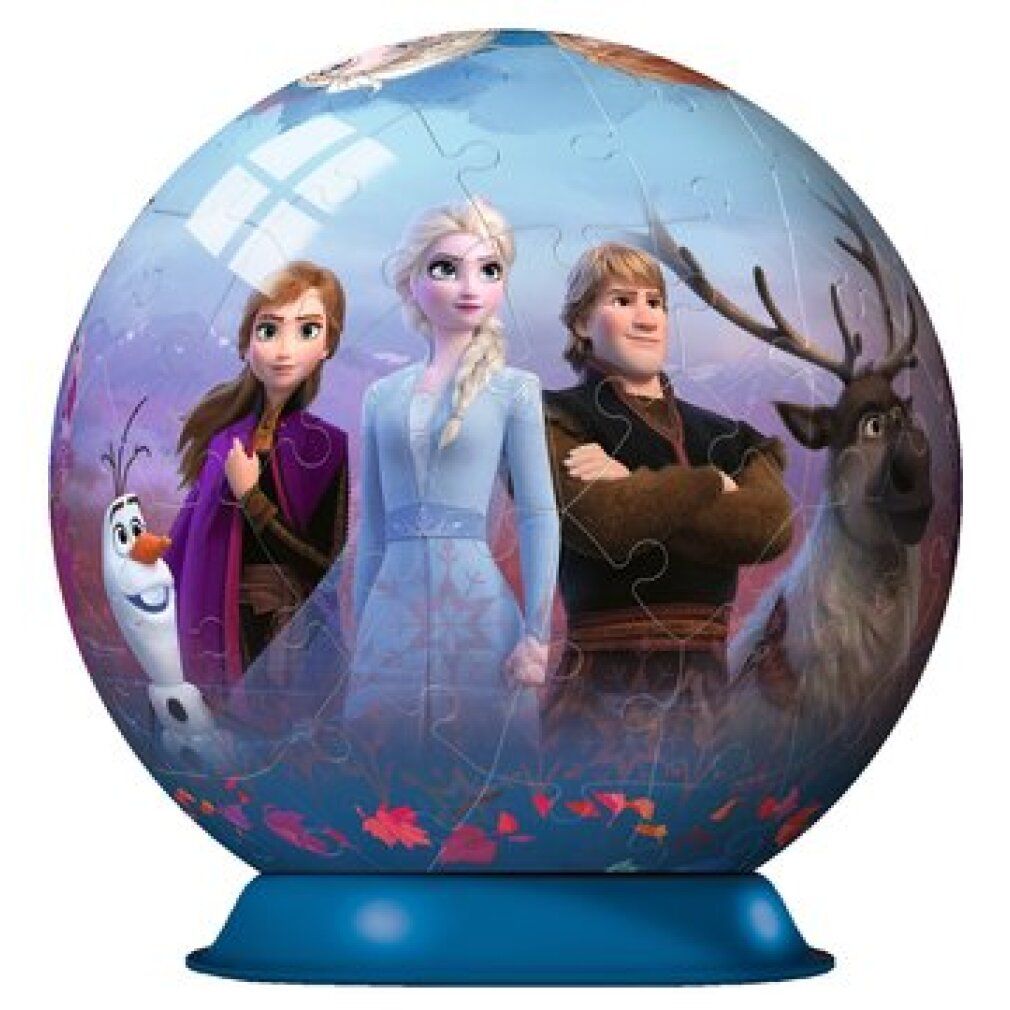 Puzzle 3D con Elsa, Anna, Kristoff, Olaf e Sven. Base blu. Puzzle da 72 pezzi.