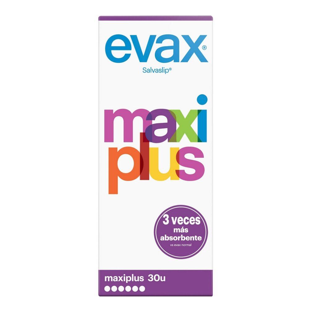 Confezione di Evax Maxiplus. Scritta: evax, maxi plus, 30u. 3 volte più assorbente.