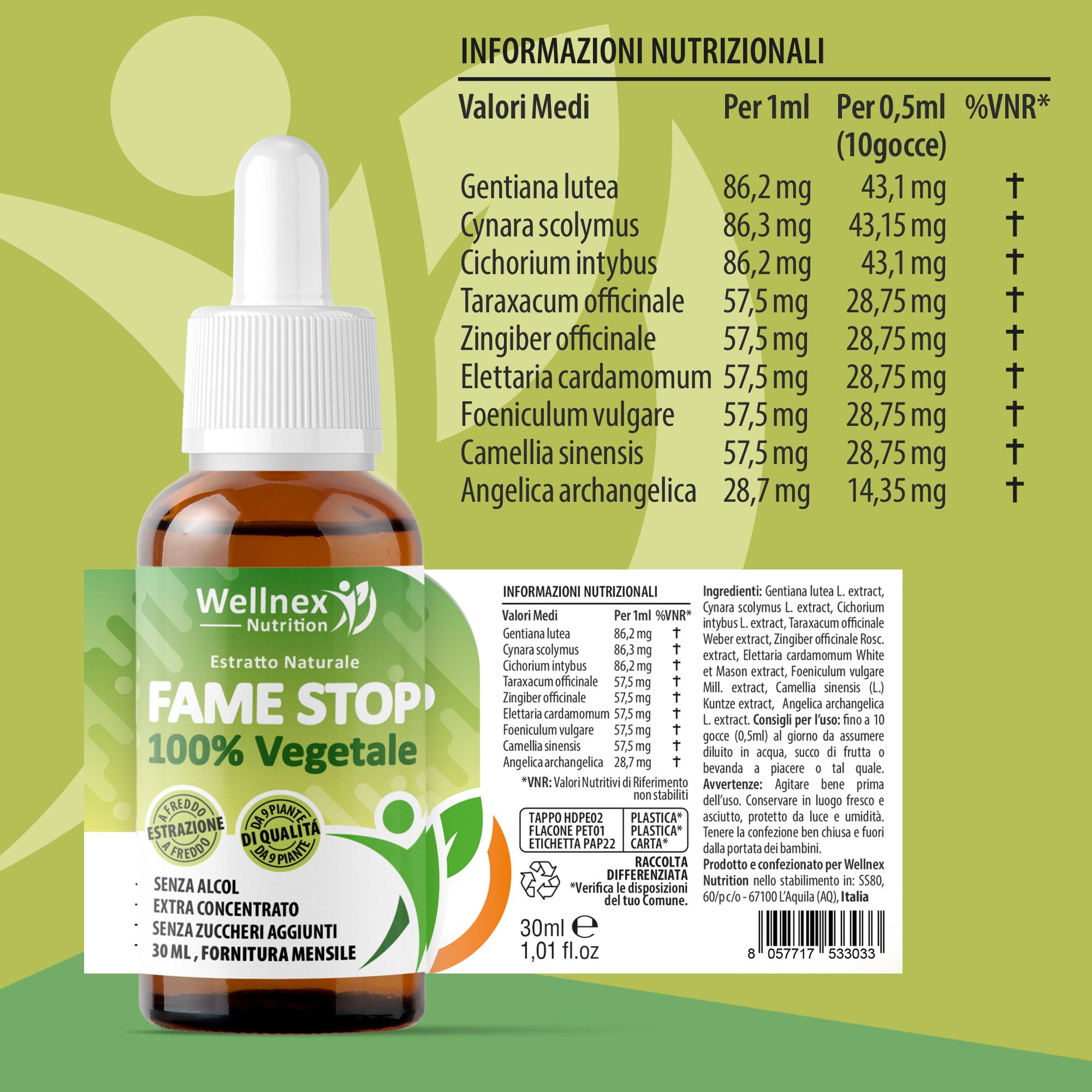 Wellnex Nutrition - Fame Stop 30ml Estratti Idroglicerici da 9 Piante Amaro-Sazianti Senza Alcol