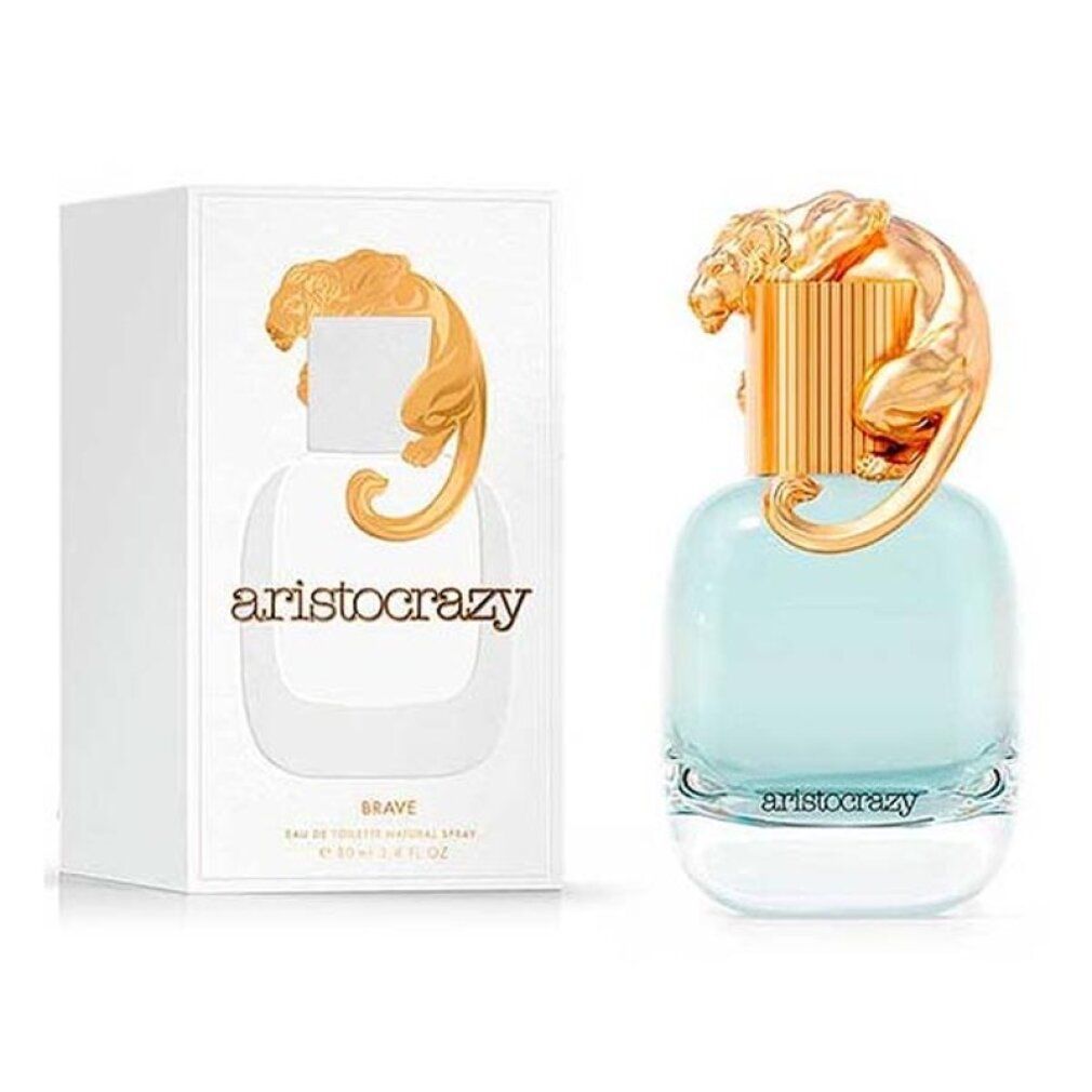 Flacone di profumo accanto a una scatola bianca. Flacone con tappo dorato e decoro pantera. Scritta "aristocrazy".