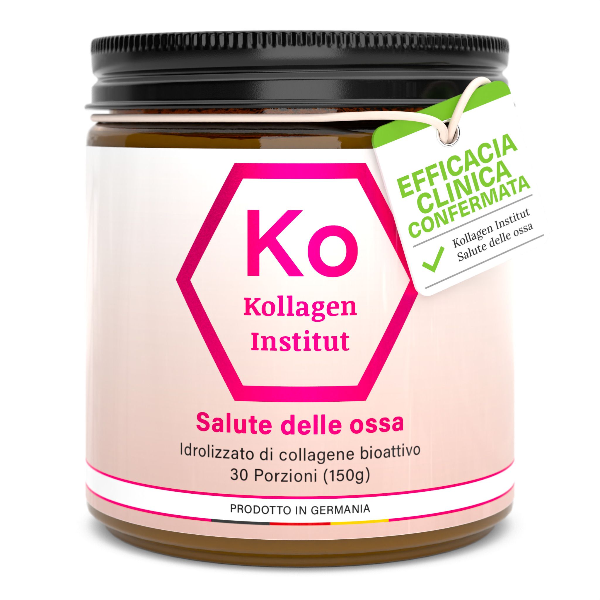 Barattolo rotondo di polvere di collagene. Etichetta rosa con testo: Kollagen Institut, Salute delle ossa. Etichetta: Efficaia Clinica Confermata.