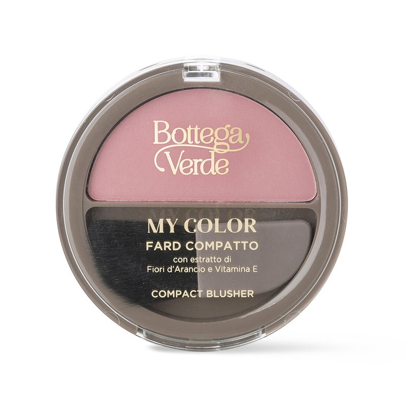 Fard compatto rotondo. Due scomparti: fard rosa e polvere più scura. Marchio: Bottega Verde. Testo: My Color.