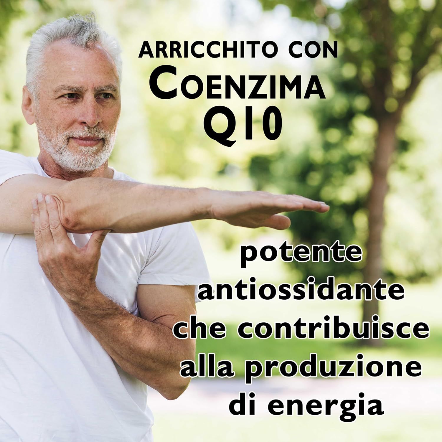 Uomo di mezza età con Coenzima Q10, potente antiossidante per la produzione di energia.