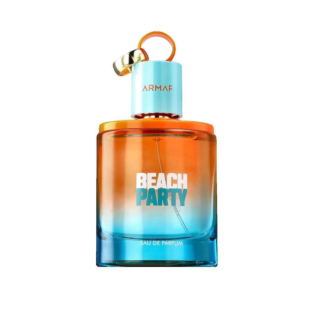 Flacone sfumato arancione e blu. Scritta "BEACH PARTY" e "EAU DE PARFUM". Tappo azzurro con anello dorato.