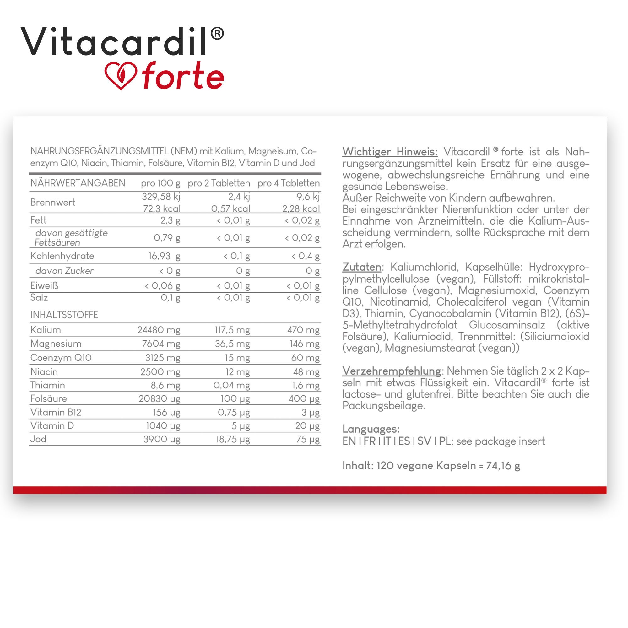 Primo piano delle informazioni nutrizionali di Vitacardil® forte. Contiene informazioni su ingredienti, valori nutrizionali e istruzioni per l'uso.