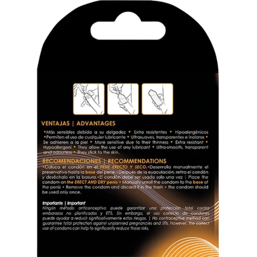 Confezione con informazioni sul prodotto. Testo in spagnolo e inglese. Illustrazioni d'uso. Sfondo nero con accenti arancioni.