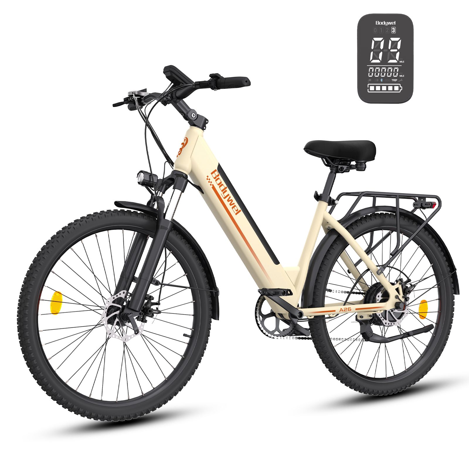 Bicicletta elettrica beige con telaio e pneumatici neri. Display digitale con velocità e batteria. Portapacchi posteriore.