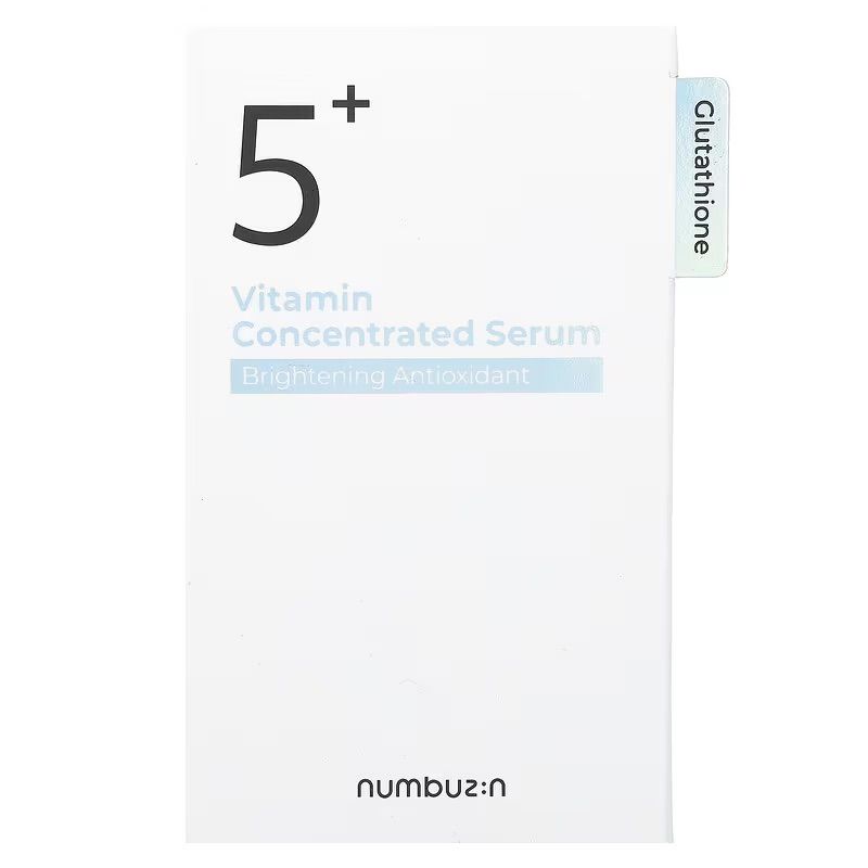 Confezione con '5+' e 'Numbuz:n Vitamin Concentrated Serum', con linguetta 'Glutathione'.