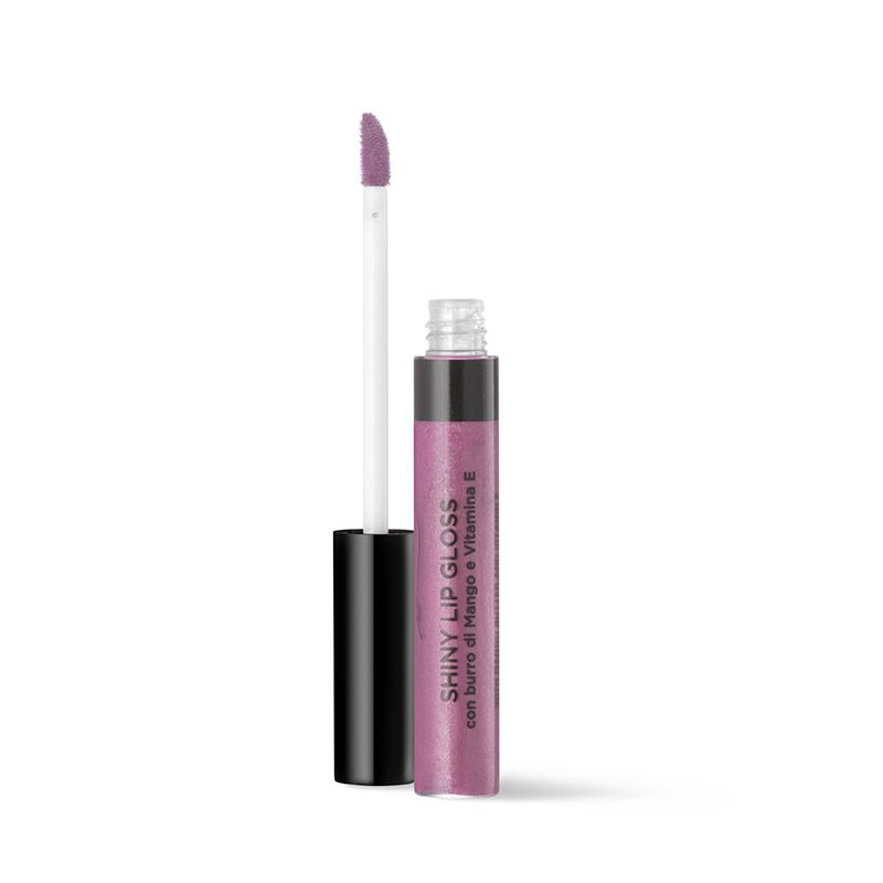 Lucidalabbra lucido con applicatore. Flacone con testo del prodotto. Tonalità rosa.