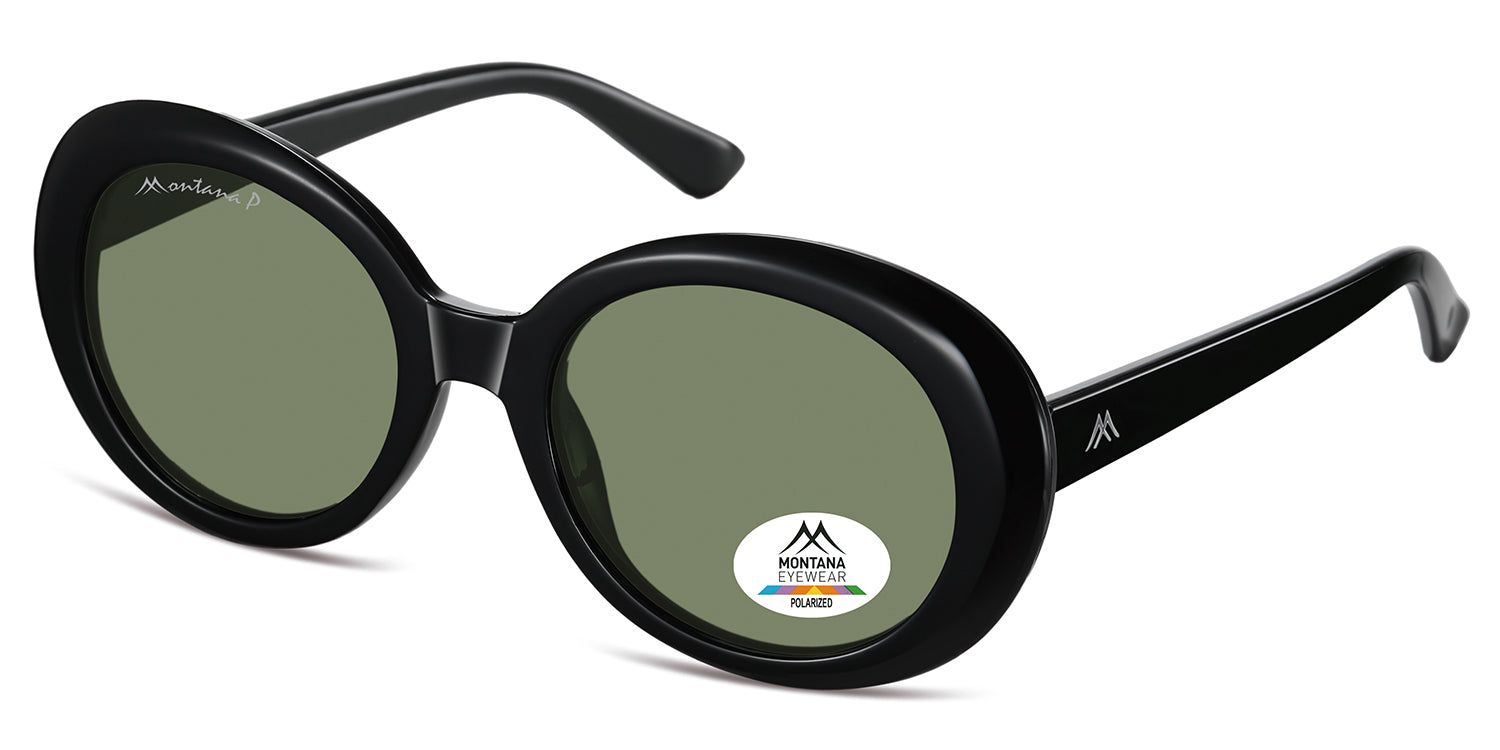 Occhiali da sole neri con lenti rotonde. Logo Montana Eyewear ed etichetta Polarized. Montatura e aste nere.